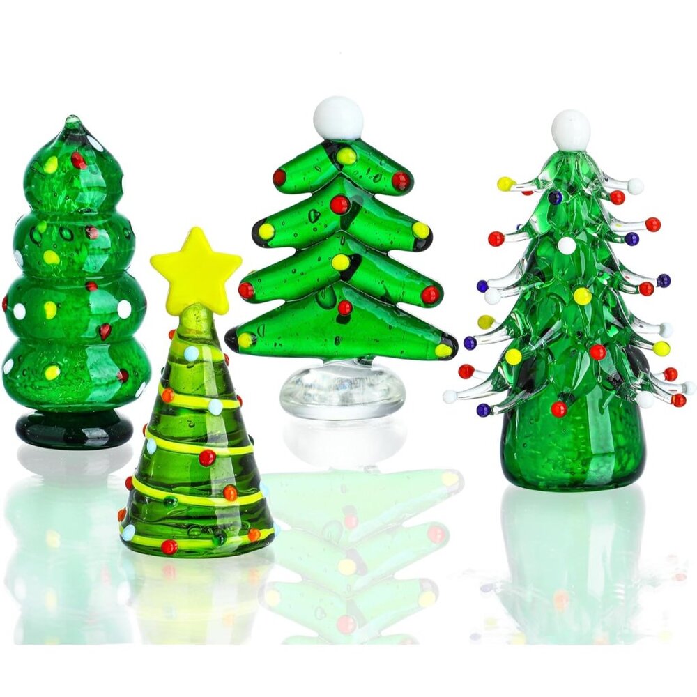 Set 4 Blown Glass Christmas Tree Figurine Art Glass Statue Holiday Decoration